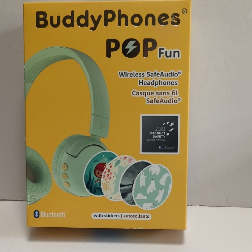 NEW BuddyPhones POP Fun Wireless SafeAudio Headphones With Stickers, Green